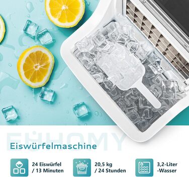 Машина для приготування льоду EUHOMY з нержавіючої сталі, 24 кубики за 13 хвилин, 24 кг/24 год, самоочисна, 3.2 л, з лопаткою та кошиком для дому/кухні/офісу/бару/RV, срібна