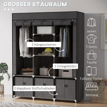 Шкаф HOMCOM Garderobe, розкладний, тканинний, з блискавкою, фліс, темно-сірий, 125x43x162,5 см | Aosom