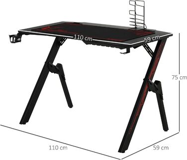 Ігровий стіл Письмовий стіл Комп'ютерний стіл Робочий стіл Меблі для офісу Вітальні Кабінету, сучасний дизайн, МДФ Метал 110 х 59 х 75 см Чорний