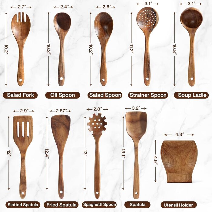 Набір кухонних аксесуарів з дерева (10 шт) з підставкою, лопатки, половники, половники для супу, ложки для салатів, виделки та ложки для салатів, набір кухонних аксесуарів з текового дерева, подарунок для кухарів та дому