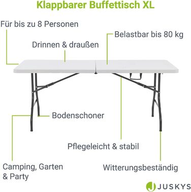 Розкладний стіл Juskys Фуршетний стіл XL складний - великий, з можливістю завантаження до 80 кг - Пластиковий стіл - Кемпінг, сад і вечірка - Стіл для кемпінгу Садовий стіл білий