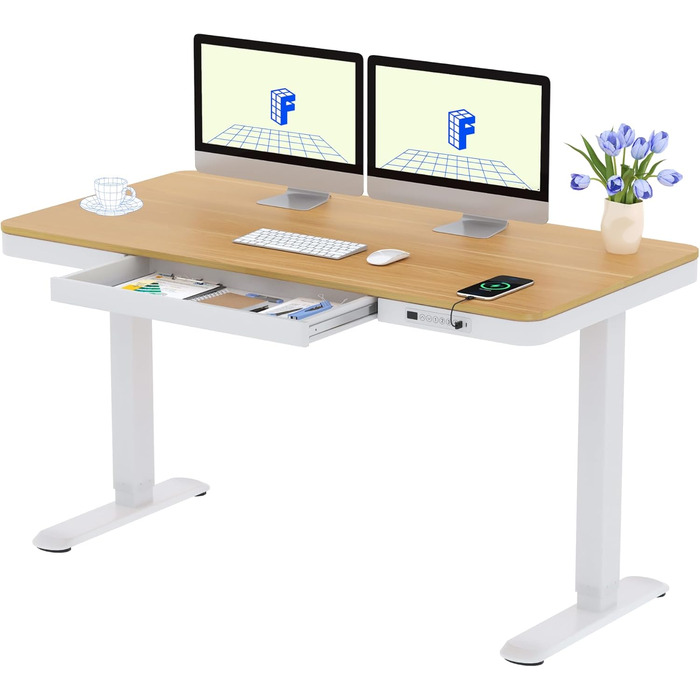 Електричний регульований стіл FLEXISPOT з USB та ящиком, зі скляною стільницею (140x70 см, білий)