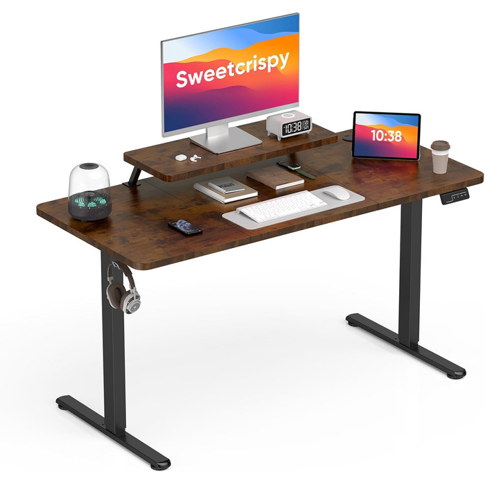 Регульований стіл Sweetcrispy з підставкою для монітора, електричний, ергономічний, стоячи/сидячи, комп'ютерний стіл, vintage (колір: коричневий, розмір: 140 x 60 см)