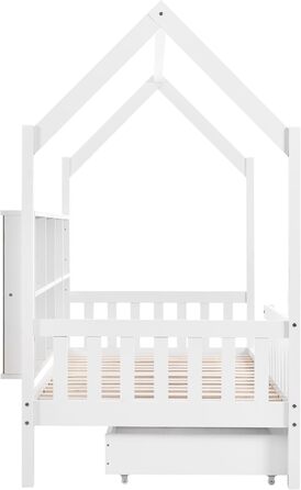 Ліжко дитяче 80x160 см з ящиками та віконцем, масивне дерево, захист від падіння, ламелі, для хлопчиків та дівчаток, ліжко-будиночок, без матраца, білий колір