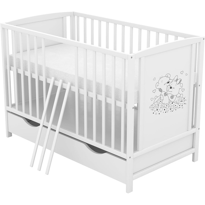 Дитяче ліжко Baby Delux 60x120 см біле, мотив ведмедя, з ящиком і матрацом