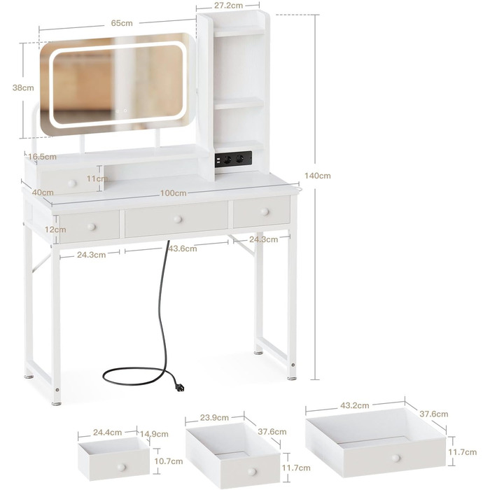 Трюмо ODK з регульованим LED-дзеркалом, туалетний столик з 4 висувними ящиками, USB-порт, білий колір, 100×40×140 см