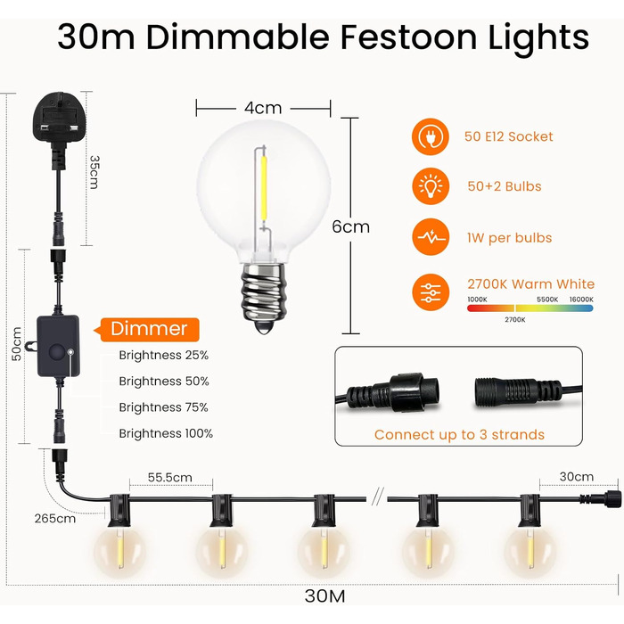 Світлодіодна гірлянда для вулиці Lichterkette 60м, G40 LED, диммування, водонепроникність IP45, 104 пластикові лампочки, 2700K тепле біле світло, для декору саду, тераси, вечірки (2x30м, з пультом)