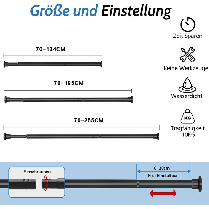 Телескопічна штанга Штора для душу без свердління, затискна штанга 70-255см, чорна