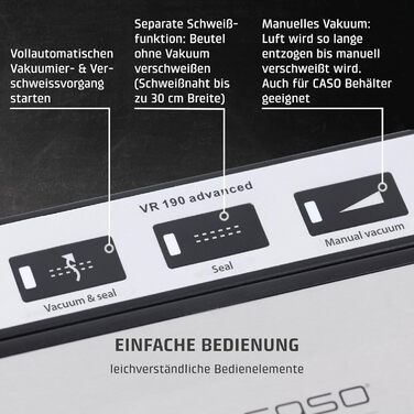 Вакууматор CASO VR 190 advanced — професійний вакуумний пакувальник з широким швом 2,5 мм, 10 пакетів у комплекті