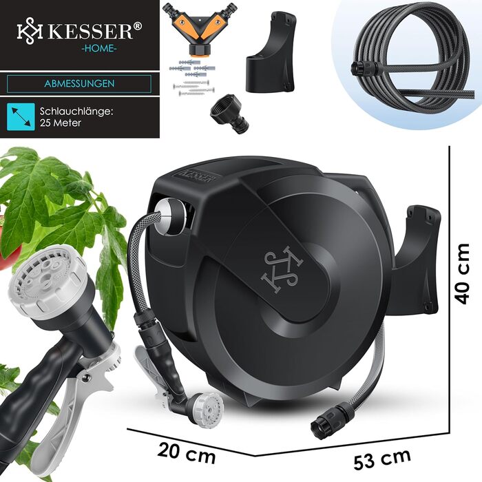 Шланг для поливу KESSER® 25м з автоматичним підйомом | Шланг для саду на стіну | Водопровідна коробка з 7-функційною насадкою | Антрацит/Чорний