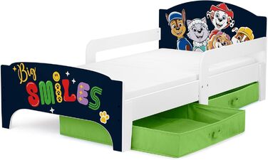 Ліжко дитяче Leomark Paw Patrol Smart - дерев'яне односпальне ліжко 70x140 см з текстильними ящиками, білий/рожевий колір, з принтом Paw Patrol