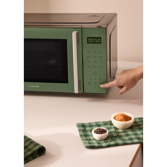 Мікрохвильова піч з грилем Microwave Studio Salbeigrün 20л ретро стиль, 900 Вт, LCD дисплей