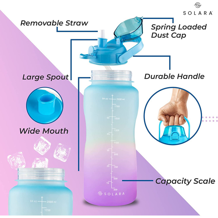 Пляшка для пиття SOLARA з соломкою / пляшка для пиття об'ємом 1 л з позначкою часу / пляшка для води Tritan об'ємом 1 л з позначкою часу / герметична пляшка для води об'ємом 1000 мл з соломинкою, що не містить бісфенолу А (Блакитна Фуксія, 2 літри)