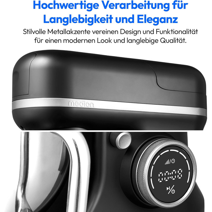 Кухонна машина MEDION MD18430: 3 в 1 (міксер, м'ясорубка, кухонний комбайн), 5 л чаша з нержавіючої сталі, 1200 Вт, цифровий дисплей, чорний