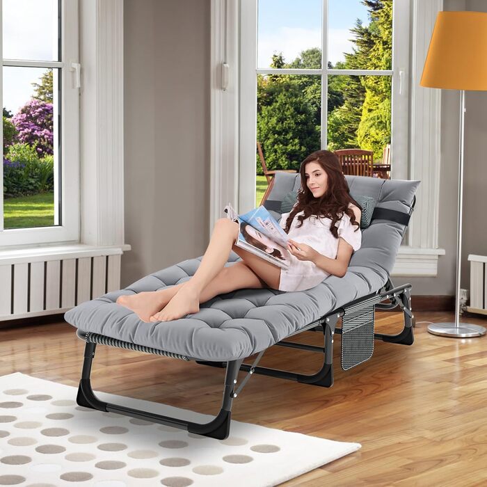 Сонячне ліжко MOPHOTO, складане для саду з матрацом, регульована спинка та підніжка, портативне, для дому та вулиці, складна (зелене дитяче ліжко, сірий килимок)