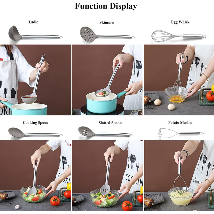 38-ти елементний набір кухонного посуду з силікону з підставкою для кухонних аксесуарів, силіконовими головками та нержавіючими ручками. Набір кухонних помічників (сріблястий)