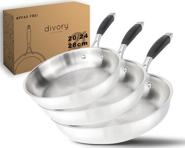 Набір сковорідок з нержавіючої сталі PURA 20, 24, 28 см – без покриття PTFE/PFOA, для індукції та всіх плит