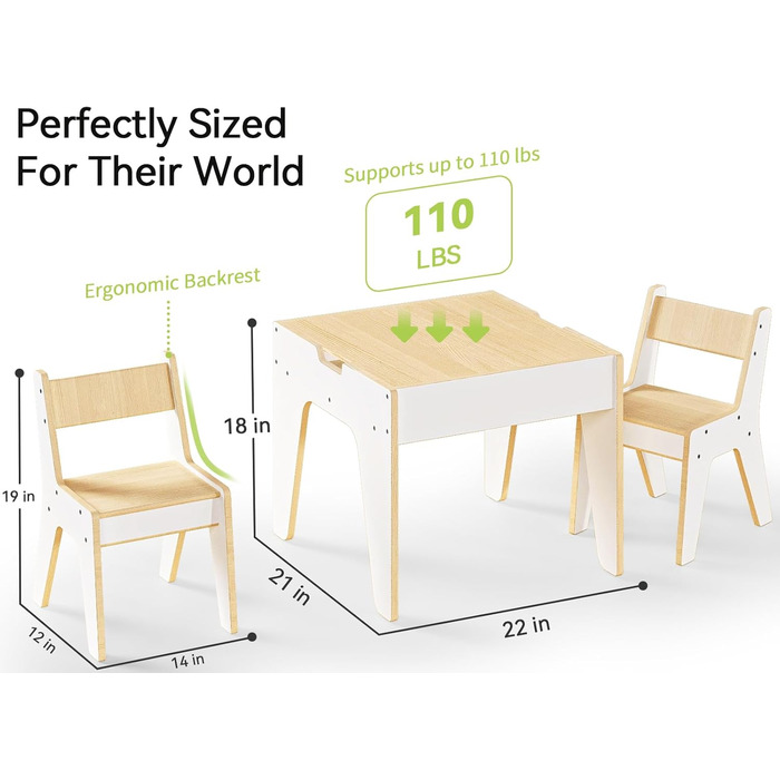 Дерев'яний дитячий набір меблів Wingyz 4-в-1: стіл, 2 стільці, стіл з місцем для зберігання. Ідеально для малювання, ігор та активностей.