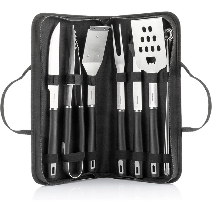 Набір гриля InnovaGoods 12 предметів: інструменти з нержавіючої сталі, термостійкі ручки, кейс, миється в посудомийній машині, чорний, сталь, нержавіюча сталь