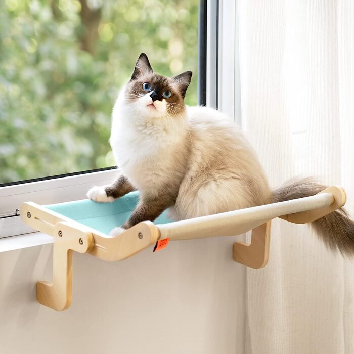 Підвісне ліжко для кішок MEWOOFUN, гамак для кішок, сидіння біля вікна для кішок, шезлонг, підвісне ліжко для кішок, компактний дизайн до 18 кг (синій / сірий)