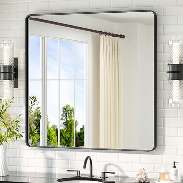 Дзеркало для ванної кімнати TETOTE 40x50 см, прямокутне, без підсвічування, з металевим каркасом, з закругленими кутами, для раковини, з загартованого скла (Чорний)