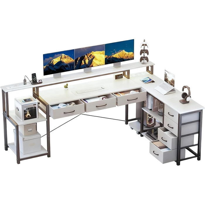 Кутовий стіл з ящиками, геймінговий стіл з розеткою, LED та підставка для монітора, 200 x 146 см, 7 тканинних ящиків, комп'ютерний стіл для офісу, робочого кабінету, спальні (Білий)