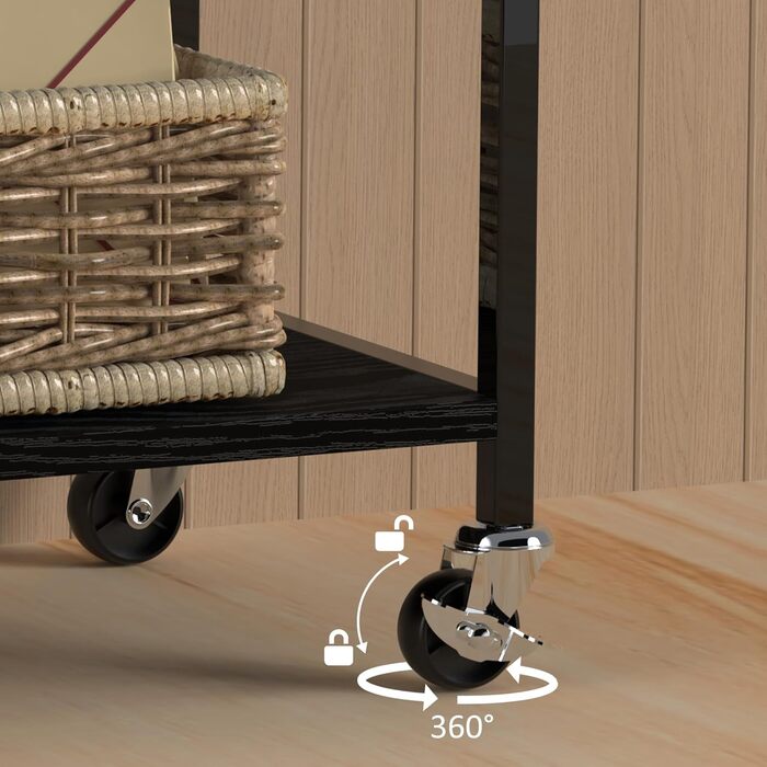 Двоярусний стіл для принтера з роликами, 30x42x37 см, дерев'яний та металевий, мобільний, для офісу та вітальні, чорний