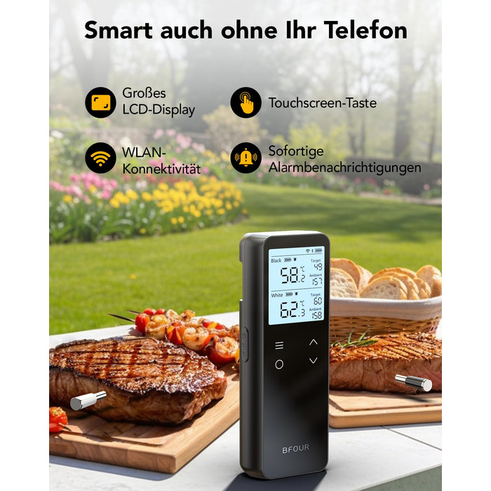 Бездротовий термометр для м'яса BFOUR BF-80 з Bluetooth та Wi-Fi, 2 зонди, 6 сенсорів, IP67 водонепроникний, сенсорне управління, APP-керування, термометр для приготування BBQ, духовки та гриля