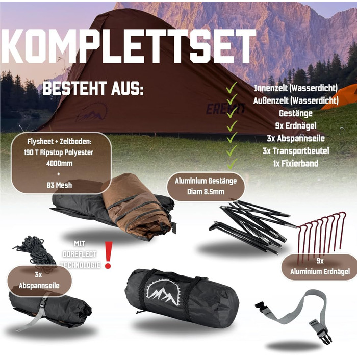 Намет GOALPINE Eremit для 1-2 осіб, водонепроникний 4000 мм, ультралегкий, 3-4 сезони, для туризму, гірських походів та велотуризму (коричневий)