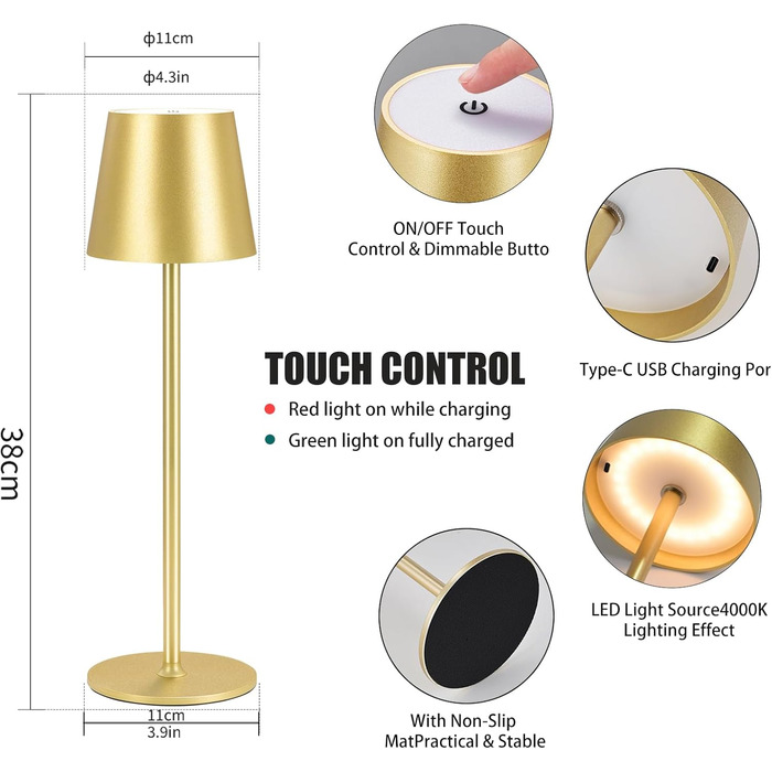Бездротова лампа настільна LED з регулюванням яскравості та 3 колірними температурами, сенсорне керування, зарядка USB-C, для дому, відпочинку та кемпінгу (G1pack-gold)