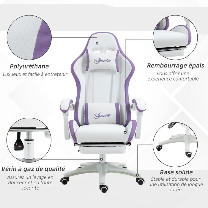 Крісло ігрове Vinsetto Ergonomic з регульованою підніжкою, спинкою 135°, підголівником та поперековою підтримкою, офісне, 360° обертання, PU, біле