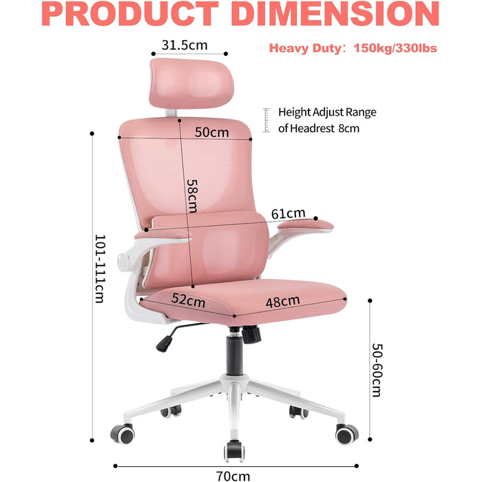 Ергономічне офісне крісло LIYURUI, регульоване, з підголівником, поперековою підтримкою, відкидний підлокітник, рожевий