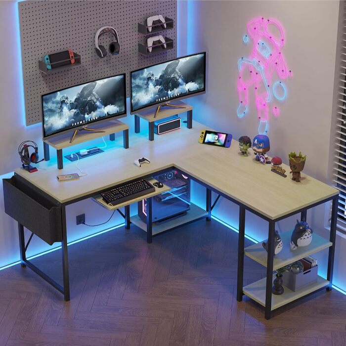 Ігровий стіл Flamaker L-подібний 140x140 см з RGB LED, підставка для монітора та ящик для зберігання | 2 розетки + 2 USB-порти (Вуглецеве волокно Чорний) (Бежевий)