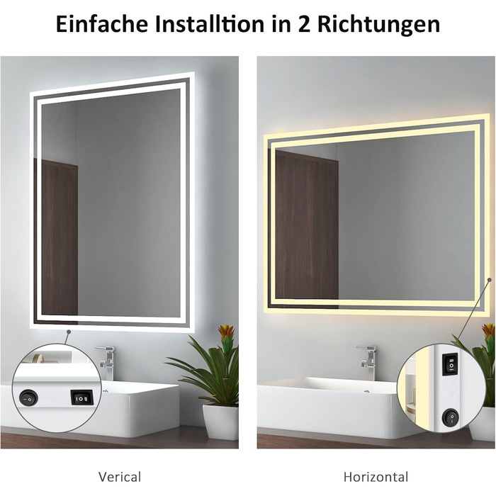 Дзеркало для ванної кімнати EMKE з підсвічуванням 50x60 см, з вимикачем-кришкою, антивміст, 2 кольори світла (тепле/холодне), LED, горизонтальне/вертикальне встановлення