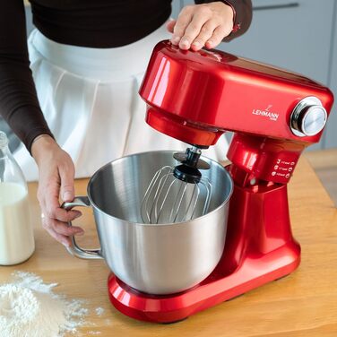 Кухонна машина Lehmann - планетарний міксер з набором аксесуарів - 3 насадки, кришка-розбризкувач, чаша 5л, 12 швидкостей, захист від перегріву, неслизька, червона