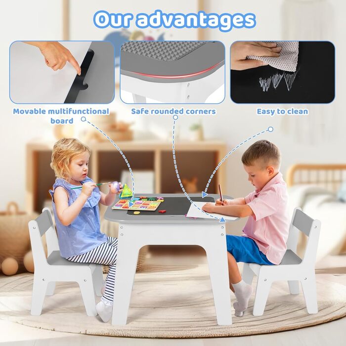 Дитячий стіл MAMIZO з 2 стільцями - дитяча меблева група, стіл і стільці для дитячої кімнати, сірий