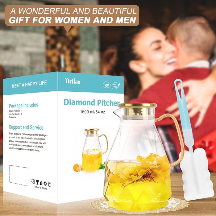 Скляна карафа Yirilan 2.2 л з кришкою, 74 унції, для води, скляна банка, глечик для води, скляний глечик