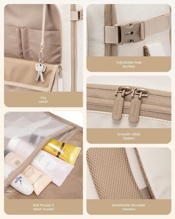 LOVEVOOK Рюкзак для ручної поклажі, 40L, для подорожей, чоловічий/жіночий, для ноутбука 17 дюймів, водонепроникний, рюкзак-валіза, для вихідних, роботи, відпустки, бежевий (бежевий+хакі)