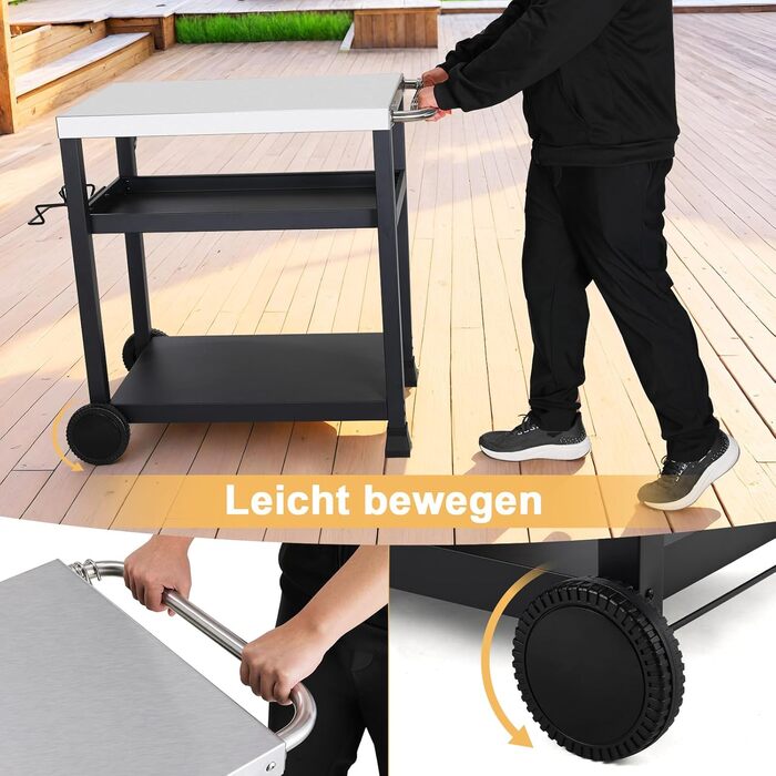 Grillwagen LIFERUN з нержавіючої сталі, 3 яруси, стіл для гриля, вуличний, з нержавіючою сталею, з гачками, на колесах