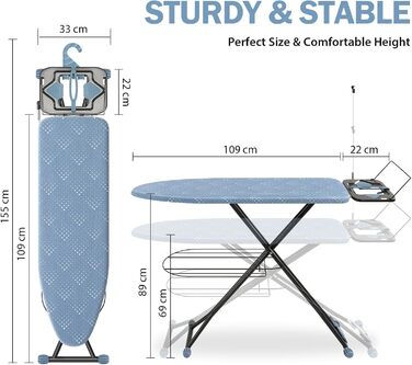 Прасувальна дошка KINGRACK з гачком для зберігання, дуже товста кришка, 7 регульованих по висоті, протиковзкі ніжки, синій