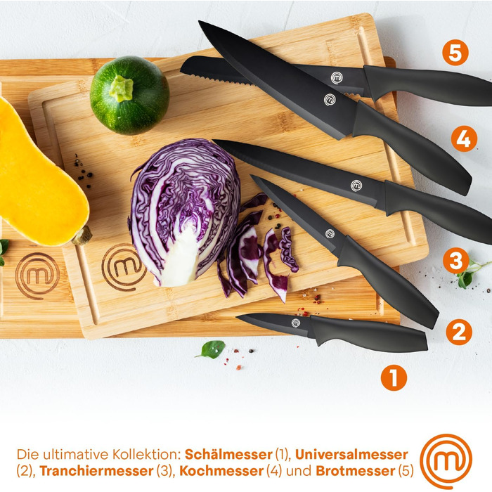 Набір ножів MasterChef 5-ти частинний: поварський, хлібний, для овочів, сантоку та універсальний, з нержавіючої сталі, чорний, з м'якими ручками