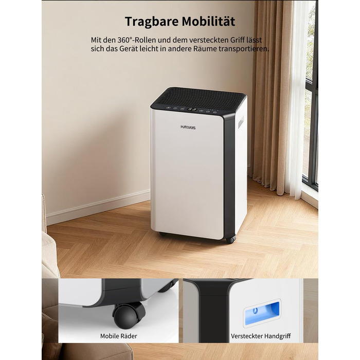Електричний осушувач повітря HUMILABS 20L з Wi-Fi, для приміщень до 60 м², з гофрованим шлангом, резервуар 4,5л, 3 режими, таймер 24г, білий