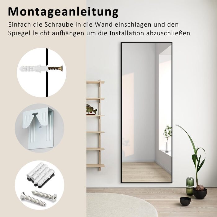 Дзеркало настінне Spiegel Schwarz 40x160 см з чорною рамою. Повнорозмірне дзеркало для спальні, вітальні або ванної кімнати. Прямокутне дзеркало з алюмінієвою рамою 40L x 160B cm