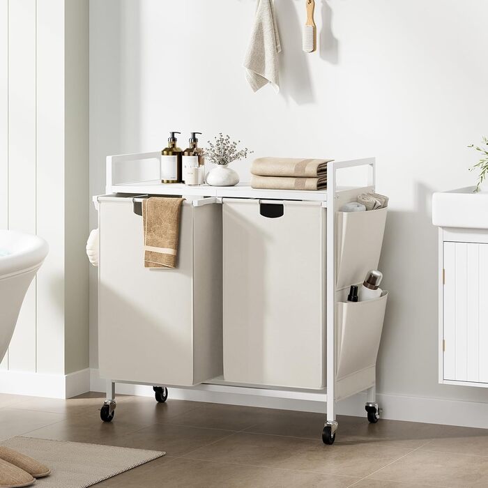 WOWLIVE Подвійний кошик для білизни з кришкою, на колесах, з металу, сортувальник білизни з верхньою полицею та 2 знімними мішками, велике зберігання одягу для кімнати (110л, білий/оптичний сад)