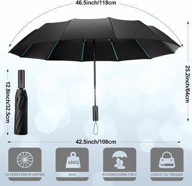 Штормонепроникна складна парасолька, 12 ребер, складна, для дощу та сонця, автомобіль, гольф, чоловіки та жінки, чорна