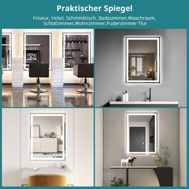 Дзеркало для ванної кімнати YOURLITE з підсвічуванням, 85x55 см, LED, сенсорне керування, 3 кольори світла, регулювання яскравості, антизапар, горизонтальне/вертикальне, IP44, білий (срібний, 80x60 см)