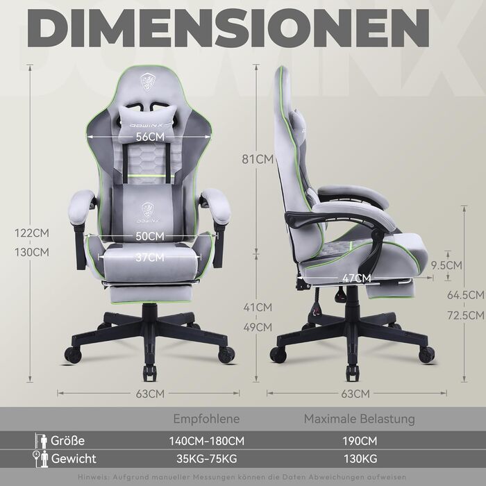 Ігровий крісло Dowinx з підголовником та підставкою для ніг, тканинне, з масажем, чорно-зелений, ергономічне, для офісу та ігор