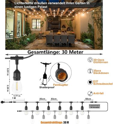 Ланцюжок прикрас для зовнішнього використання 30 м, ST45, LED, E27, тепле біле світло 2700K, IP65, вологостійкий, 30 x 1W, скляні лампочки S14 для вечірок та святкування
