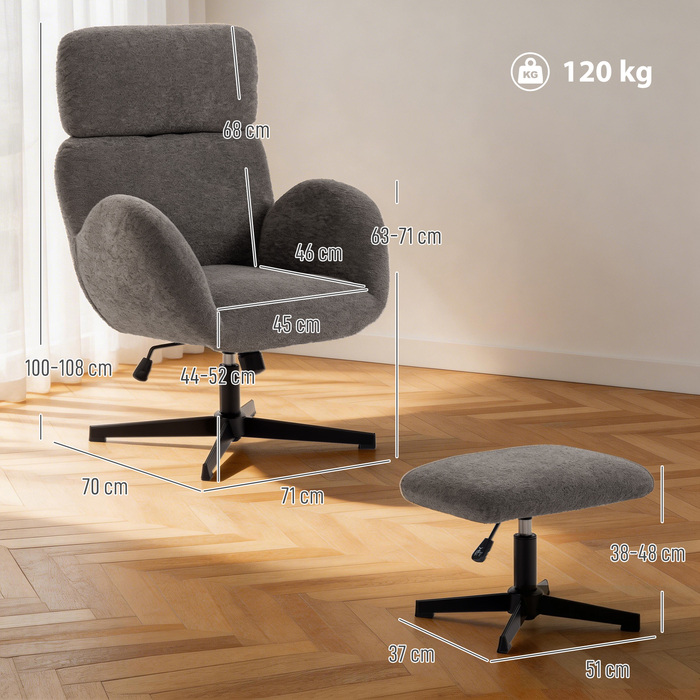 Обертовий крісло з пуфом, регульоване крісло-акцент з регульованою підголівкою, функція гойдання, сірий колір