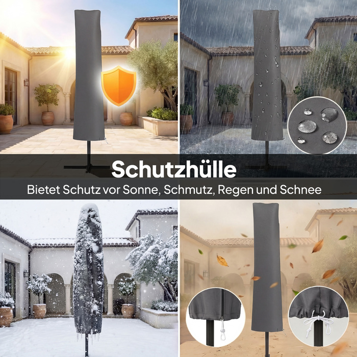 Великий парасоль для саду, діаметром приблизно 300 см, з регульованим нахилом, з ручним механізмом відкривання, хрестоподібним основанням, трос для захисту від вітру та захисним чохлом, кремово-білий